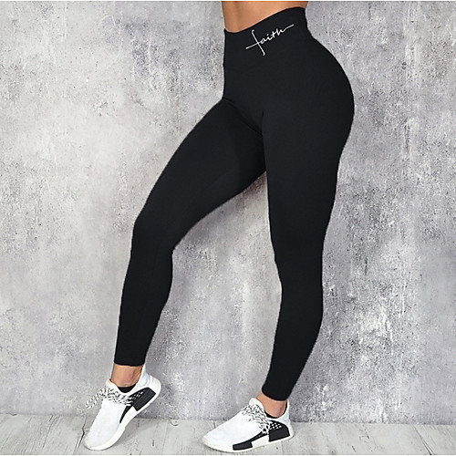 

Women's Daily Sports Sporty Basic Legging Solid Colored Letter Print High Waist Black Blue Wine S M L