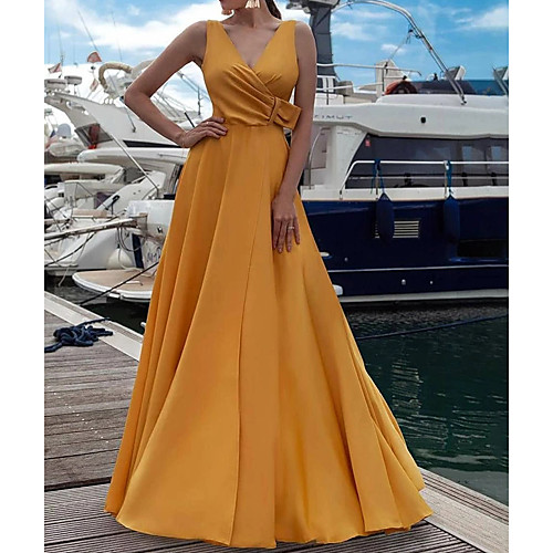 

A-Line Elegant Engagement Prom Dress V Neck Sleeveless Floor Length Stretch Satin with Sash / Ribbon Split 2021