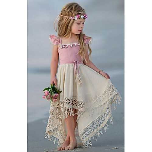 

Ball Gown Floor Length Flower Girl Dresses Party Linen / Cotton Blend Short Sleeve Jewel Neck with Appliques