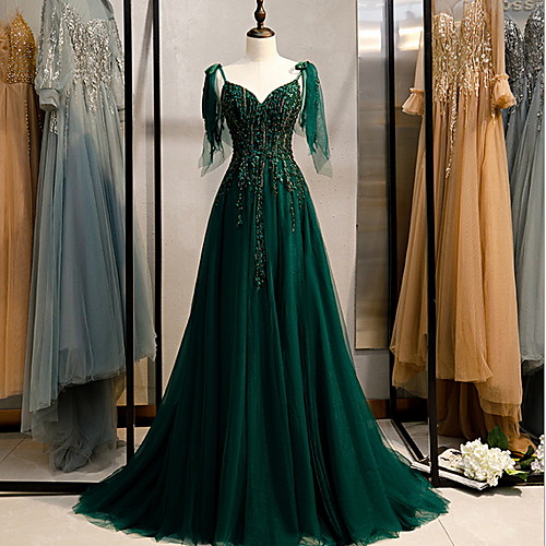

A-Line Elegant Engagement Formal Evening Dress Spaghetti Strap Sleeveless Sweep / Brush Train Polyester with Beading Embroidery 2021