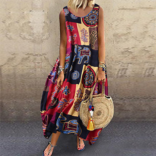 

Women's Swing Dress Maxi long Dress Blue Yellow Red Sleeveless Color Block Geometric Basic Print Round Neck Vintage Style Casual M L XL XXL 3XL 4XL 5XL / Plus Size / Plus Size