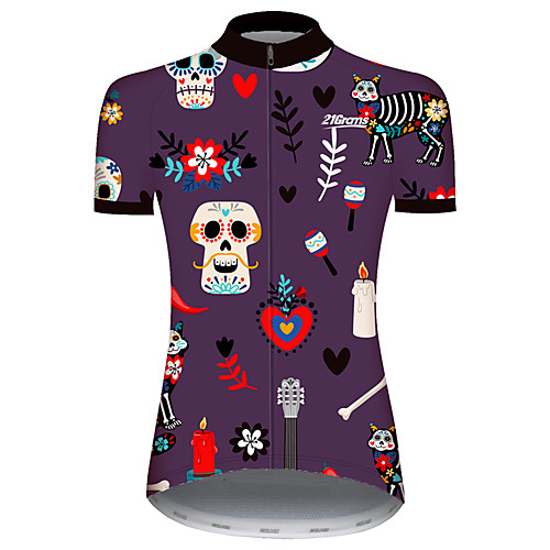 

21Grams Women's Short Sleeve Cycling Jersey Summer Spandex Polyester Violet Sugar Skull Novelty Skull Bike Jersey Top Mountain Bike MTB Road Bike Cycling UV Resistant Quick Dry Breathable Sports