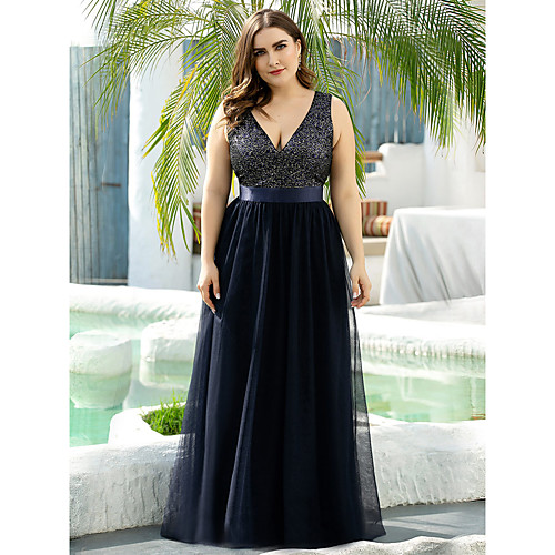 

A-Line Mother of the Bride Dress Plus Size Vintage Plunging Neck Floor Length Tulle Sleeveless with Sequin 2021