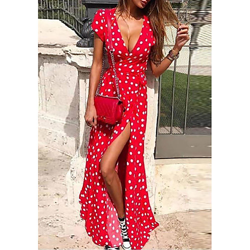 

Women's Maxi Sheath Dress - Short Sleeves Polka Dot Deep V White Black Red Dusty Blue S M L XL XXL