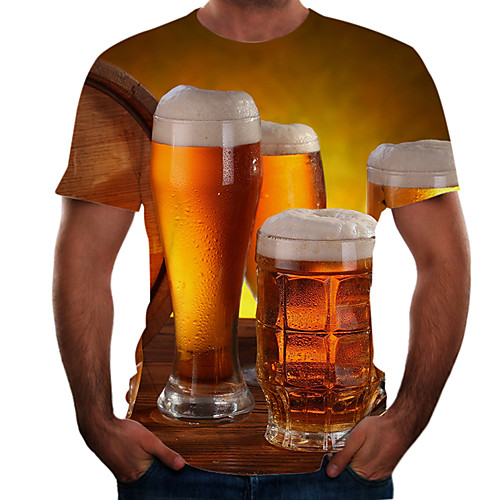 

Men's T shirt Shirt Color Block 3D Beer Plus Size Short Sleeve Going out Tops Basic Round Neck Yellow Dark Green Green