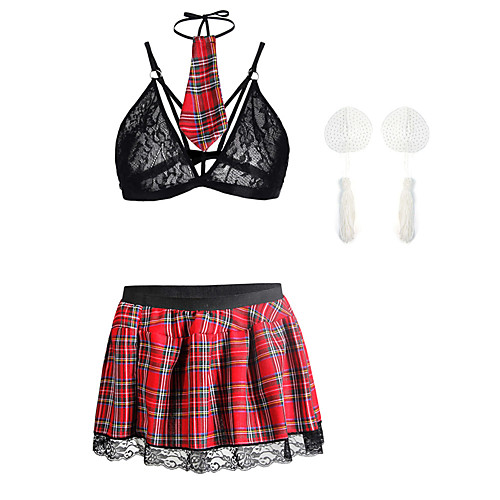 

Women's Lace / Sequins / Tassel Fringe Plus Size Erotic Suits Nightwear Check Red White Black L XL XXL