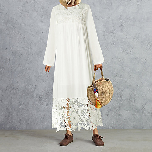

Women's A Line Dress Midi Dress White Long Sleeve Solid Color Lace Summer V Neck Maxi Dress Holiday XS S M L XL XXL 3XL