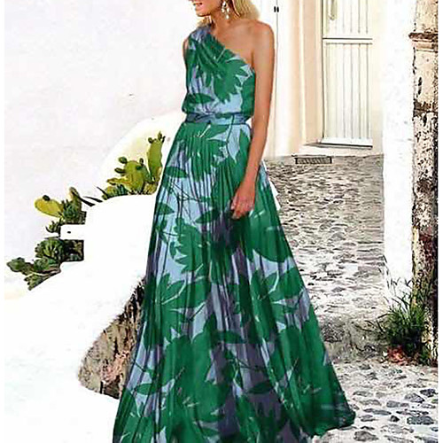 

Women's Swing Dress Maxi long Dress Green Rose Red Sleeveless Print Trees / Leaves Cold Shoulder Spring & Summer One Shoulder Hot Holiday Holiday Beach 2021 S M L XL XXL