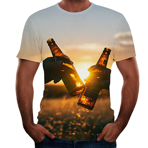 

Men's T shirt Shirt Color Block 3D Beer Plus Size Short Sleeve Going out Tops Basic Round Neck White Yellow Blushing Pink