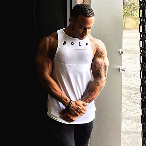 

Men's Tank Top Letter Sleeveless Sports Tops Cotton White Black Wine