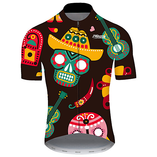 

21Grams Men's Short Sleeve Cycling Jersey Summer Spandex Polyester Black / Green Sugar Skull Skull Floral Botanical Bike Jersey Top Mountain Bike MTB Road Bike Cycling UV Resistant Quick Dry