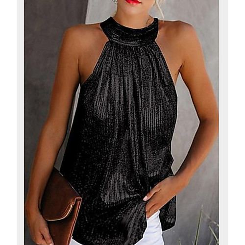 

Women's Plus Size Blouse Tank Top Shirt Plain Solid Colored Sexy Sequins Pleated Cut Out Halter Neck Tops Yellow Silver Black
