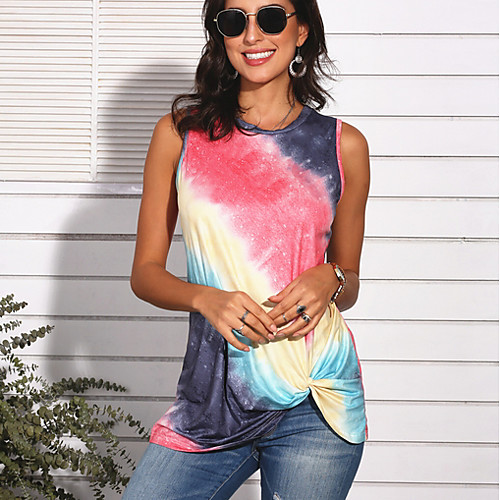 

Women's T shirt Geometric Tie Dye Print Round Neck Tops Blue Red Yellow