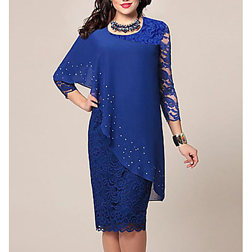 

Women's Bodycon Knee Length Dress Blue Green 3/4 Length Sleeve Solid Color Chiffon Lace Fall Winter Round Neck Hot For Mother / Mom Going out S M L XL XXL 3XL 4XL 5XL / Plus Size / Plus Size