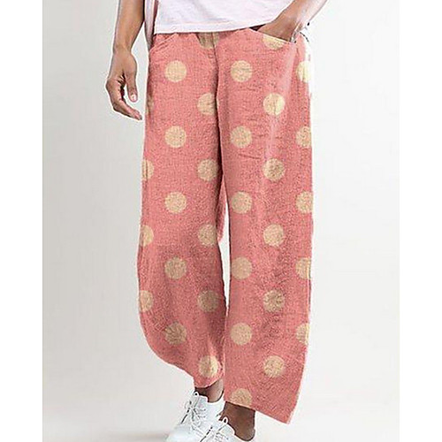 

Women's Basic Lightweight Linen / Cotton Blend Linen Loose Wide Leg Pants Polka Dot Blue Fuchsia Khaki Gray