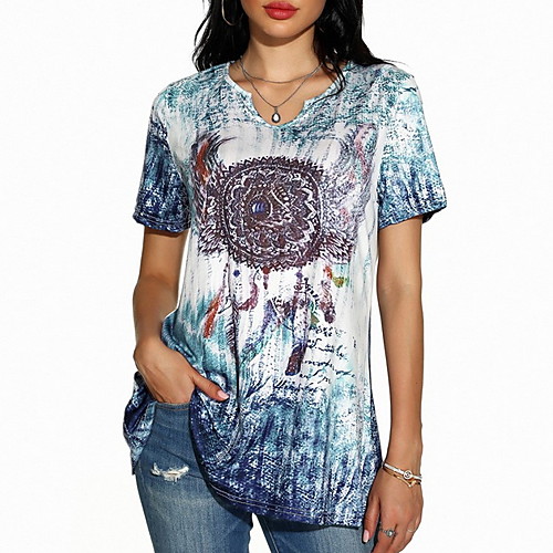 

Women's T shirt Dress Tunic T shirt Geometric Print Round Neck Shirt Collar Tops Blue Red Green