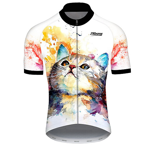 

21Grams Men's Short Sleeve Cycling Jersey Summer Spandex Polyester White Cat Tie Dye Animal Bike Jersey Top Mountain Bike MTB Ultraviolet Resistant Quick Dry Breathable Sports Clothing Apparel
