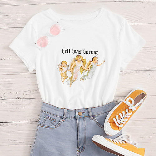 

Women's T shirt Cartoon Print Round Neck Tops Cotton White