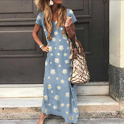 

Women's Loose Maxi long Dress Blue Gray Black Short Sleeve Black White Blue Floral Patchwork Spring & Summer V Neck Basic Belt Not Included S M L XL XXL