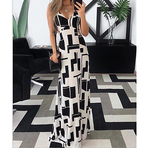 

Women's Abaya Maxi long Dress Black Sleeveless Print Geometic Stripe Spring Summer Sexy Maxi Dress S M L XL