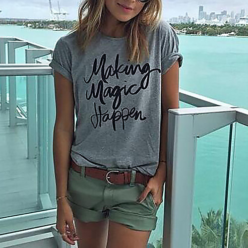 

Women's T shirt Solid Colored Letter Print Short Sleeve Going out Tops Cotton Basic Gray