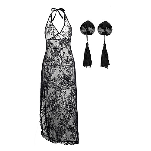 

Women's Sequins Tassel Fringe Mesh Plus Size Erotic Suits Nightwear Solid Colored Black / Red S M L / Lace / Deep V / Lace