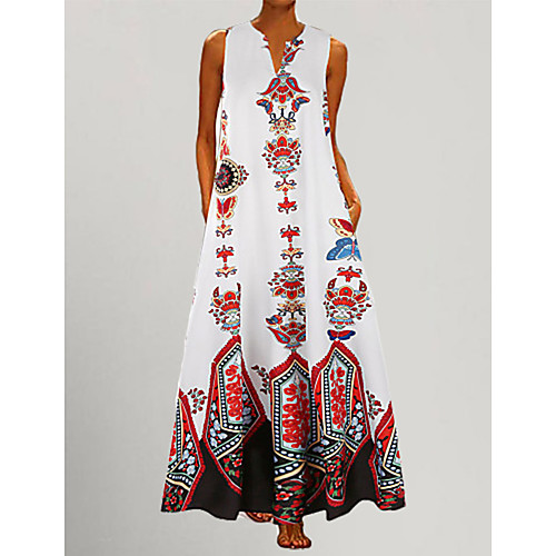 

Women's Plus Size A-Line Dress Maxi long Dress - Sleeveless Polka Dot Striped Print V Neck Vintage Belt Not Included Loose White Black Blue Yellow Light Blue S M L XL XXL XXXL XXXXL XXXXXL