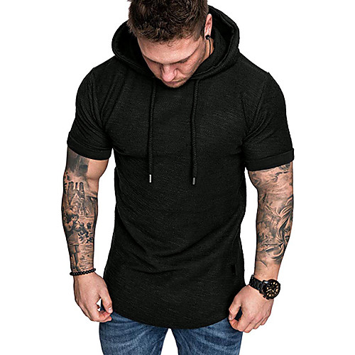 

Men's Hoodie T shirt Shirt Solid Colored Short Sleeve Casual Tops Basic Vintage Outdoor Hooded Black Khaki Green / Sports