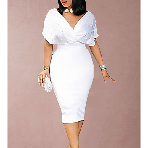 

Women's Sheath Dress Knee Length Dress Blushing Pink Wine White Black Short Sleeve Solid Colored Beaded Fall Winter Deep V Hot Slim S M L XL XXL 3XL