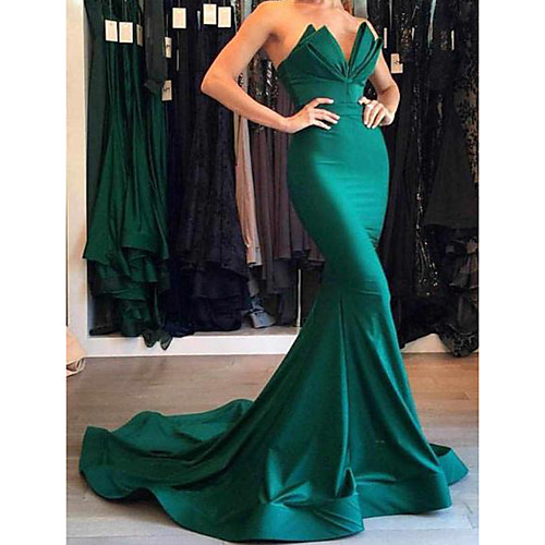 

Mermaid / Trumpet Beautiful Back Minimalist Formal Evening Dress Sweetheart Neckline Plunging Neck Sleeveless Court Train Matte Satin with Draping 2021