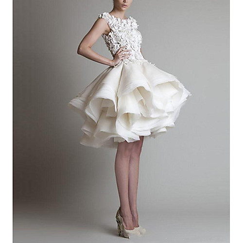 

Ball Gown White Floral Homecoming Cocktail Party Valentine's Day Dress Jewel Neck Sleeveless Short / Mini Organza with Tier Appliques 2021
