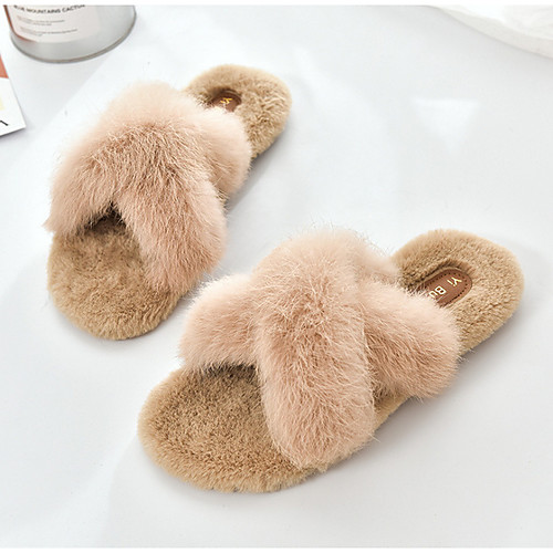 

Women's Slippers & Flip-Flops Fuzzy Slippers Flat Heel Open Toe Daily Rabbit Fur Black Beige