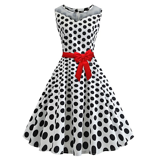 

Women's A Line Dress Midi Dress White Sleeveless Polka Dot Round Neck Hot S M L XL XXL