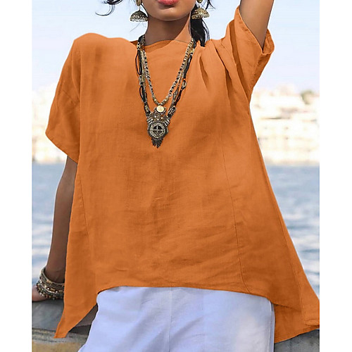 

Women's Blouse Shirt Plain Solid Colored Round Neck Tops Blue Fuchsia Orange