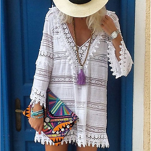 

Women's Shift Dress Knee Length Dress White Long Sleeve Solid Color V Neck Elegant Loose S M L XL XXL