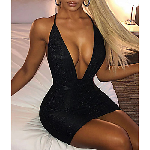 

Women's Strap Dress Short Mini Dress Blushing Pink Black Beige Sleeveless Solid Color Backless Spring Summer Deep V Party Hot Sexy Party Going out Slim 2021 S M L XL