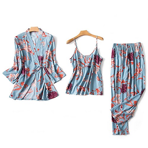 

Women's Suits Pajamas Sets Print Floral Polyester Casual Strap Top Pant Daily Wear Home / 3 Pieces / Sexy