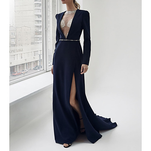 

Sheath / Column Sexy Blue Engagement Formal Evening Dress V Neck Long Sleeve Sweep / Brush Train Satin with Sash / Ribbon Split 2020