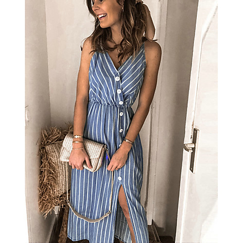 

Women's Loose Midi Dress Blue Sleeveless Striped Split Spring & Summer V Neck Basic S M L XL