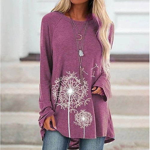 

Women's Blouse Geometric Print Long Sleeve Daily Tops Cotton Blue Fuchsia Khaki