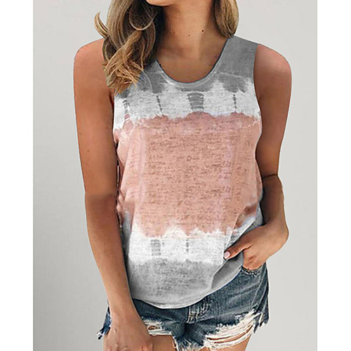 

Women's Tank Top Color Block Print Round Neck Tops Blue Purple Wine