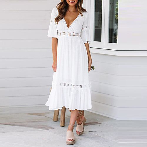 

Women's Maxi Swing Dress - Half Sleeve Solid Colored Lace Pleated Patchwork Deep V Elegant Street chic Date Festival White S M L XL