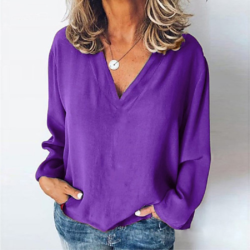 

Women's Blouse Shirt Solid Colored Long Sleeve V Neck Tops White Black Yellow