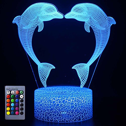 

3D Illusion Dolphin Delphinus delphis Night Lamp 16 Color Change Touch White Crack Base Power by AA Batteries with Remote Control