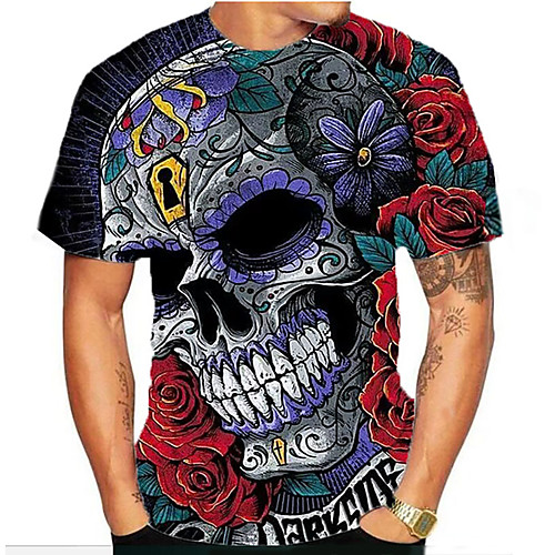 

Men's T shirt Shirt Graphic 3D Skull Plus Size Print Short Sleeve Daily Tops Streetwear Round Neck Blue Green Rainbow