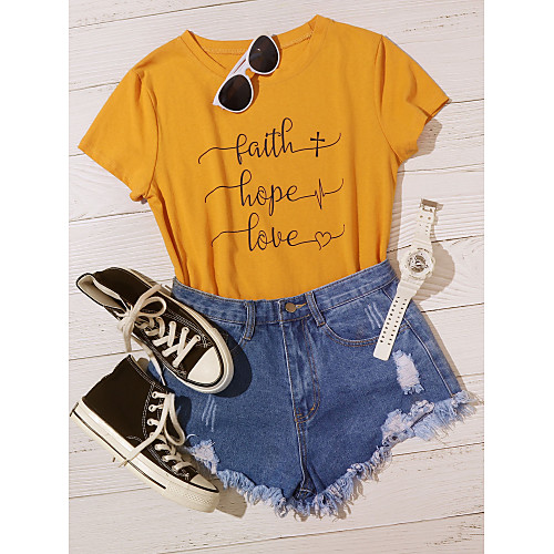 

Women's T shirt Letter Print Round Neck Tops Cotton Yellow