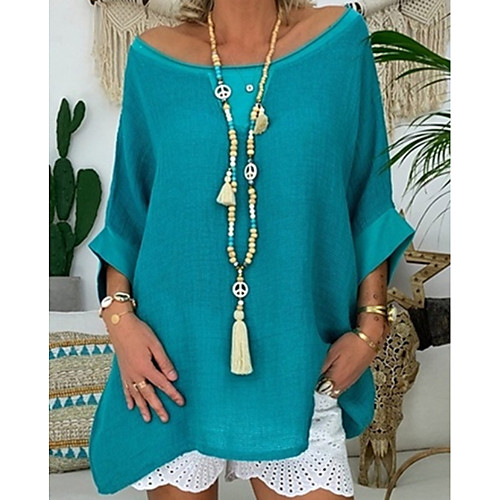 

Women's T shirt Dress Tunic T shirt Solid Colored Round Neck Tops Blue Wine Gray