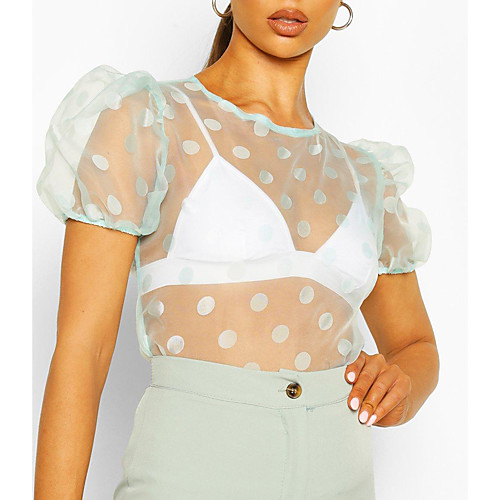 

Women's Blouse Polka Dot Solid Colored Layered Mesh Short Sleeve Daily Tops Basic Black Green
