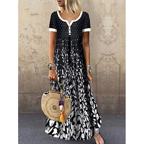 

Women's Swing Dress Maxi long Dress Black Short Sleeve Black & White Polka Dot Leaf Button Print Summer Round Neck Hot Casual Holiday 2021 M L XL XXL 3XL / High Waist