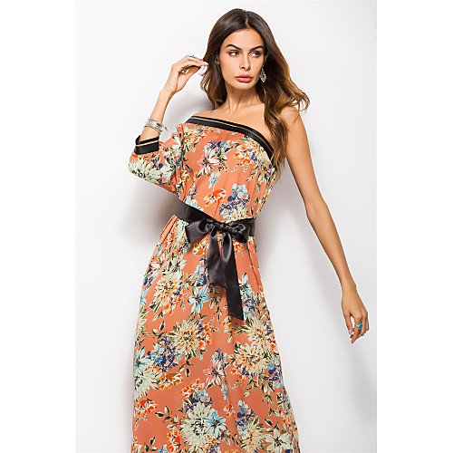 

Women's Swing Dress Maxi long Dress Orange White Black Long Sleeve Floral Plaid Solid Color Basic One Shoulder Sexy Boho Going out Batwing Sleeve M L XL XXL